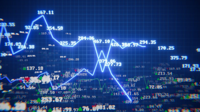 Economic data showing real time candlestick charts and lines on a digital screen