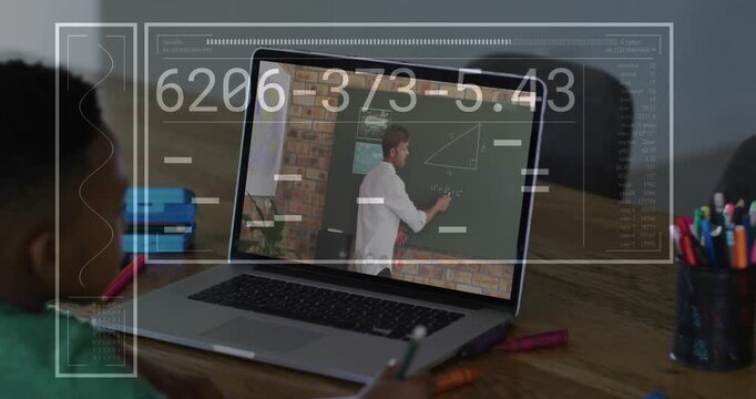 Student following teacher on laptop drawing geometry in education, copying notes while HUD updating