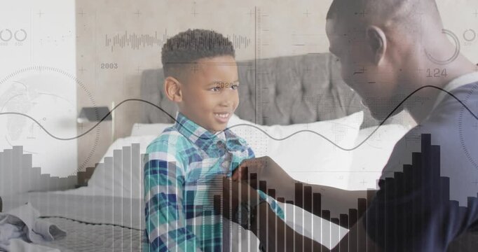 Dad buttoning son's buttons on bed morning for family, waveform and bar chart overlays overlaying