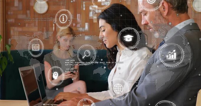 Vertical video: Woman typing on laptop starting tech data review, man guiding, overlay map rotating