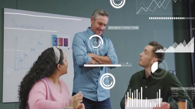 Standing man checking watch, leading discussion in business meeting, HUD charts growing over papers