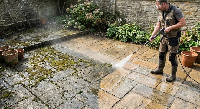Man power washing the stone patio creating a before and after visuals