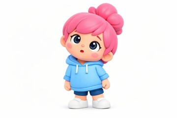 Fototapeta premium Cute cartoon girl with pink hair and blue hoodie looking curious