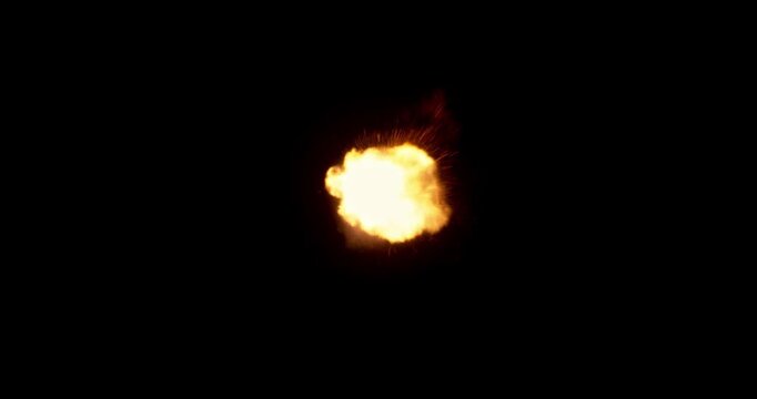 Rapid burst of multiple gun muzzle explosions isolated on black background. Bright fire flashes, sparks and smoke, ideal for VFX compositing, overlays, cinematic action sequences.