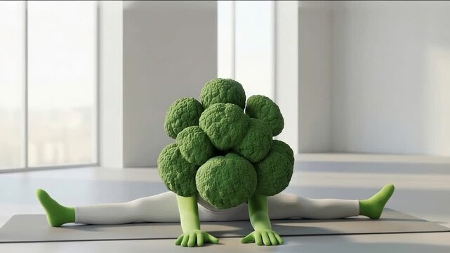 Broccoli character stretching on yoga mat, sunlit studio with floortoceiling windows, smiling broccoli mascot in white leggings performing full split, hands on mat, calm breathing, soft shadows,
