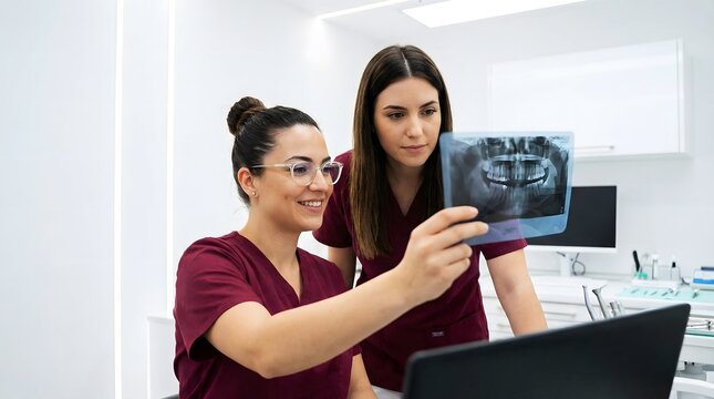 Two female dentists examining a dental panoramic x-ray image on a laptop in a modern clinic