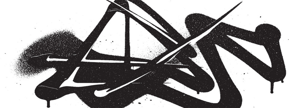 Graffiti tag abstract art, black spray paint on white background, urban street art style, dynamic angular lines, graffiti lettering elements, energetic scribbles, artistic vandalism aesthetic, graffit