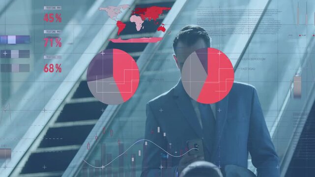 Sr exec checking phone on escalator tracking market data as HUD charts reflowing while peer passing