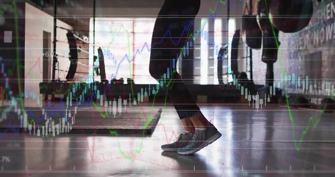 Woman starting skipping for cardio in gym, with financial charts and % markers overlaying motion