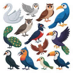 Fototapeta premium Collection of Various Bird Species Icons Vector Cartoon Illustration
