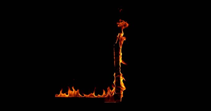 Super slow motion (500fps) shot of a burning wooden beam in L shape isolated on a black background. Detailed fire textures ideal for VFX, compositing, overlays, motion graphics, and cinematic effects.