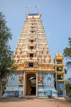 The gopuram of Naguleswaram Temple at Keerimalai in the Jaffna region of Sri Lanka. It is dedicated to Lord Shiva.