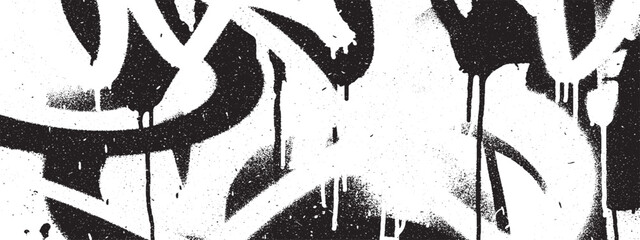 White graffiti spray paint strokes with drips and splatter on textured black background, urban grunge art © HexaFrame