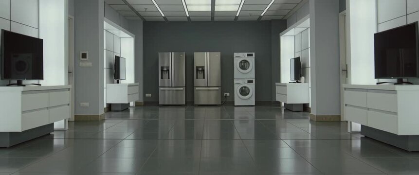 Consumerism And Minimalist Living Concept Showroom Displaying Modern Appliances Washers TVs and refrigerators in a clean.