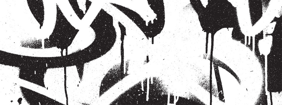 White graffiti spray paint strokes with drips and splatter on textured black background, urban grunge art