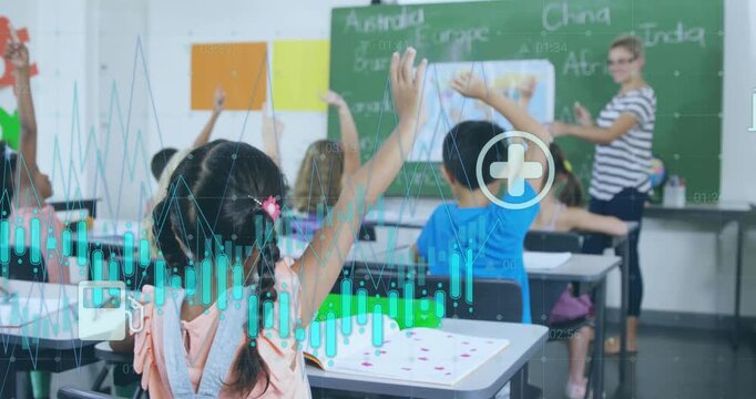 School teacher asking, braided girl raising hand, icons around class highlighting map regions