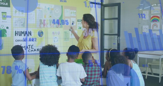 Teacher pointing at climate board and teaching children, activating blue data overlays