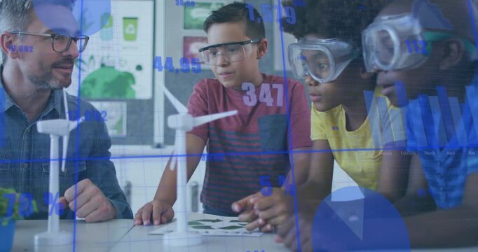Teacher guiding 3 boys in green energy, boy pushing blade, blades spinning, blue data appearing
