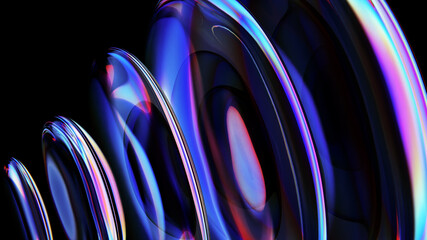 Abstract iridescent glass rings rippling with light dispersion and reflection on a black background