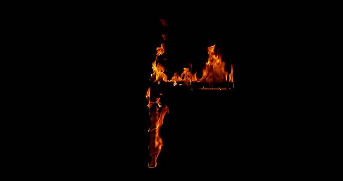 Shot of a burning wooden beam in L shape isolated on a black background. Detailed fire textures ideal for VFX, compositing, overlays, motion graphics, and cinematic effects.