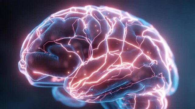 Neon brain illustration with glowing pink-red neural pathways across a blue, glass-like brain surface against a dark background; futuristic digital art