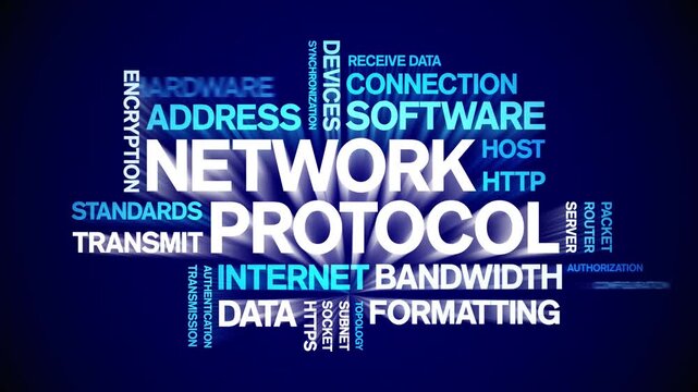 Network Protocol animated word cloud-text design animation tag kinetic typography seamless loop.
