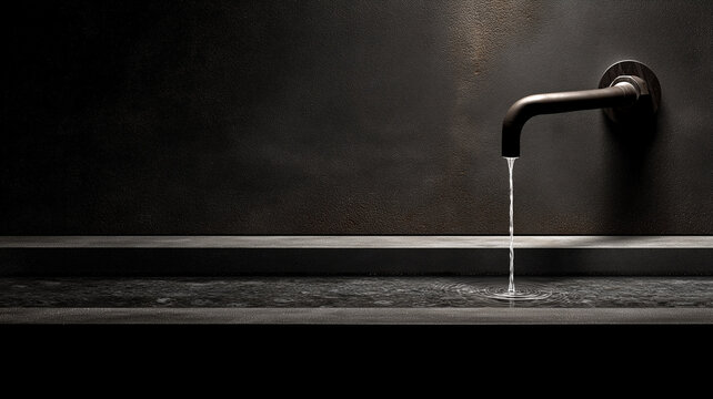 A minimalist dark architectural faucet mounted on a textured wall, with a steady stream of water flowing into a stone basin, creating ripples.