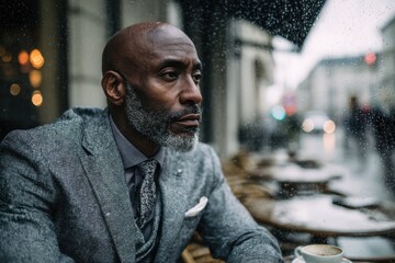 Fototapeta premium Elegant outdoor cafe mood: stylish Black entrepreneur, bald head, grey suit, rain and reflective pavement