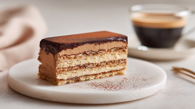 Elegant opera cake dessert featuring layered almond sponge and cocoa dusting on marble surface