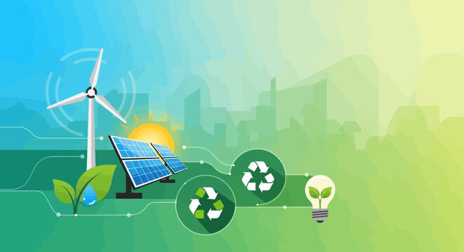 Vector eco friendly icons set with solar panel, wind turbine and recycling symbols
