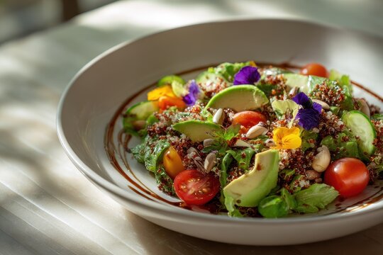 Ensalada colorida con tomates cherry, flores comestibles y glaseado bals&Atilde;&iexcl;mico