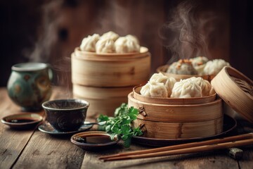 Fototapeta premium Family-style dim sum feast: steamer baskets, bite-sized dumplings, tea service