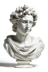 Obraz premium Finished plaster bust reproduction of a classical Greek sun deity with poetic heritage, isolated on white