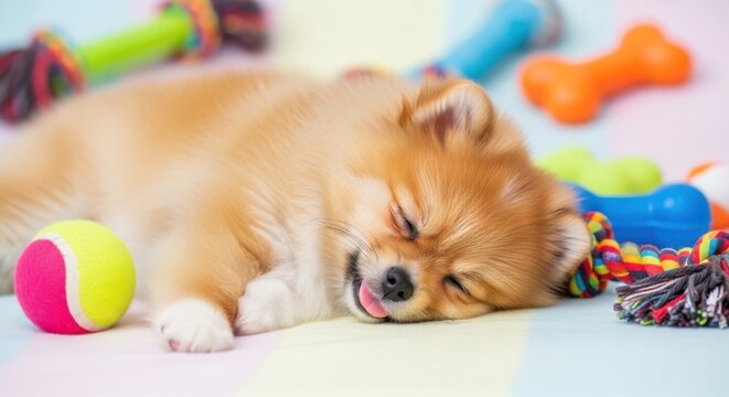 Adorable Pomeranian puppy sleeping soundly with its tongue peeking out surrounded by toys
