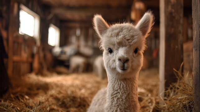 Fluffy baby alpaca peering into the camera in a cozy barn setting