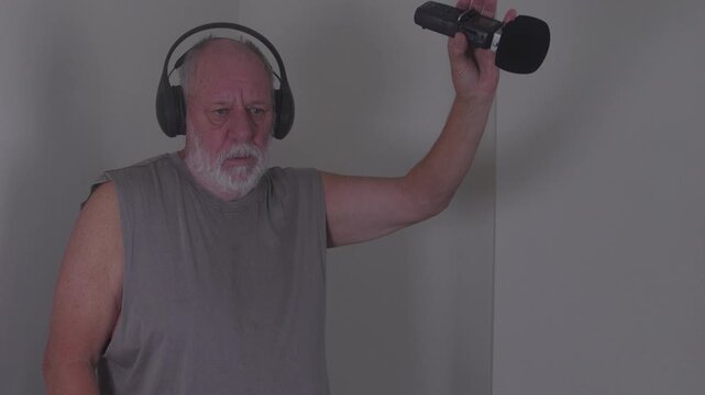 Man wears headphones and holds a microphone in an indoor setting. He interacts with audio equipment in a detailed manner, showcasing his focus and dedication.
