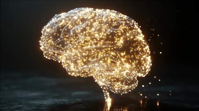 A futuristic digital brain formed from glowing golden particles and wireframe mesh; neon nodes illuminate a dark background, evoking AI and data visualization