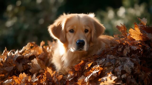 Golden retriever peers from a pile of autumn leaves; warm sunlight highlights its fur, creating a cozy, playful fall scene