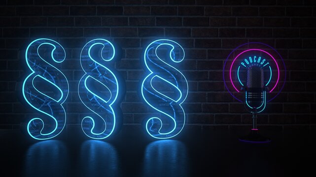 Podcast Mic with Paragraph Symbols and Digital Data Background. 3D illustration.