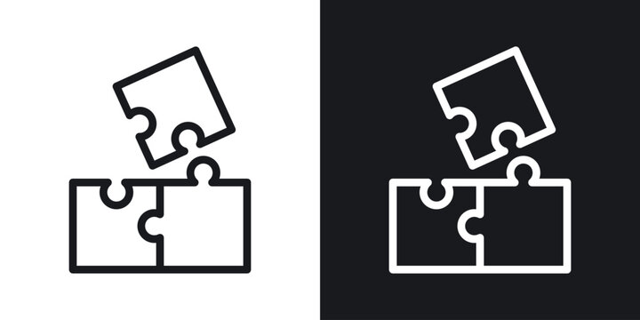 Puzzle icon set in black and white stroke lines