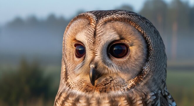 Close-up portrait of a tawny owl with striking, dark eyes and intricate feather detail, set against a soft, natural background.