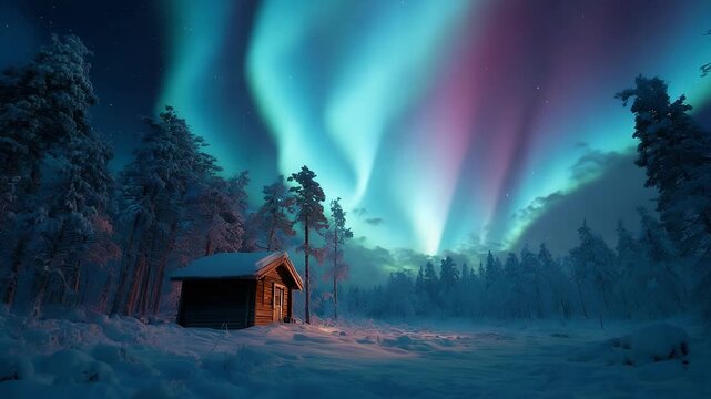 Snow-covered cabin nestled in a pine forest at night, bathed in emerald-blue aurora borealis; tranquil, cinematic winter landscape under a starry sky