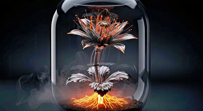 Ethereal Silver Flower in Glass Jar With Glowing Neon Roots, Futuristic Metallic Digital Art Silver Flower