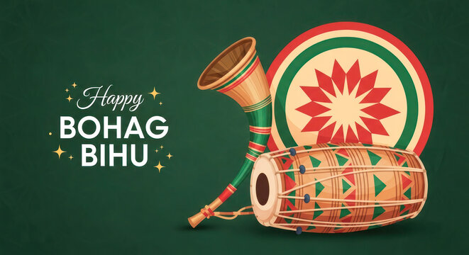 Colorful illustration of traditional Assamese musical instruments with decorative patterns celebrating Bohag Bihu festival on a green background