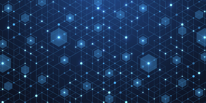 Abstract digital blockchain cube blocks concept. 3D big data cubes quantum computer technology idea. Artificial intelligence data core cubes design element