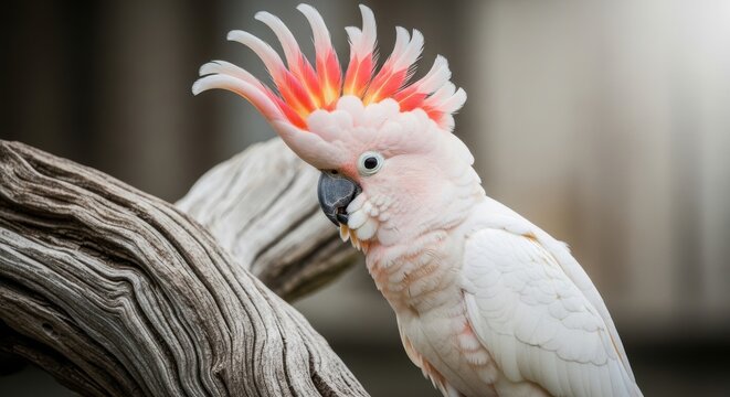 Moluccan Cockatoo with Vibrant Pink and Orange Crest Perched on a Tree Branch