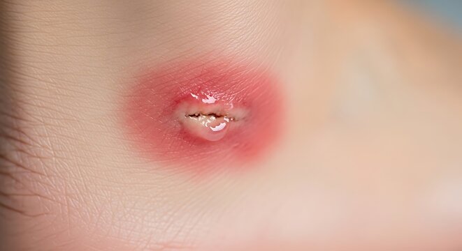 Close-up of an inflamed skin lesion, possibly a boil or carbuncle, showing redness and discharge on human skin.