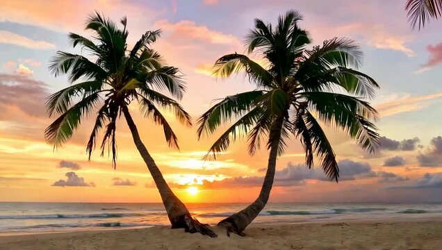 two beautiful coconut trees on the beach blowing in the wind at dusk, a very beautiful sunset. seamless looping time-lapse virtual 4k video Animation Background.	