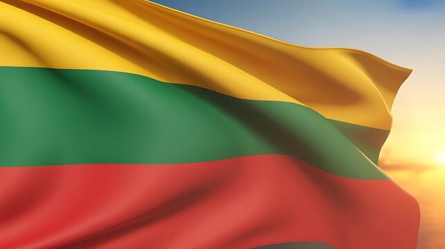 Lithuania flag waving in warm sunset sky