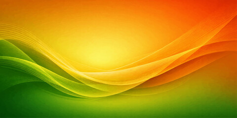 An abstract colorful background features flowing green and orange waves with a golden swirl design, creating a vibrant vector illustration of light and motion through curved lines © NUR 0.2